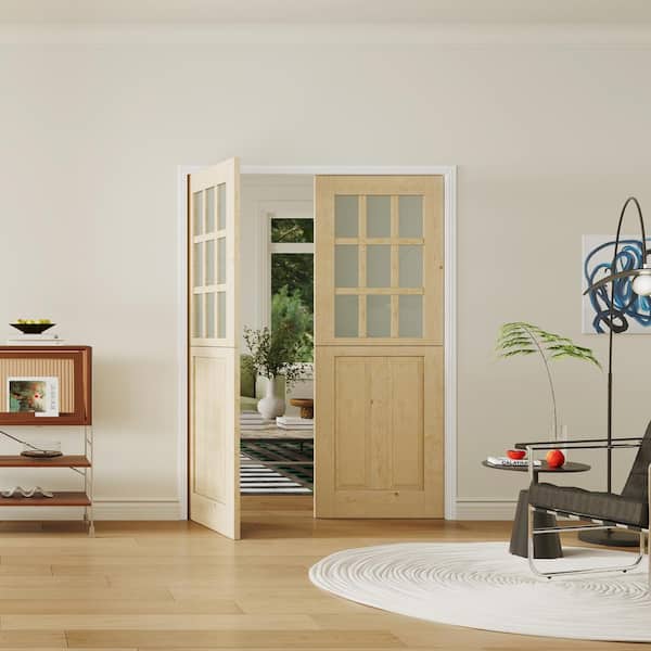 60 in. x 80 in. (30 in. W x 2) 9 Lite Frosted Glass MDF Half Split Interior Dutch Door Slab with Natural Pine Wood Color