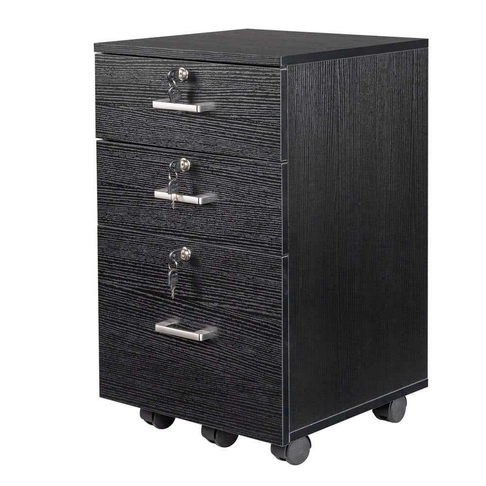 3-Drawers Black Wood 15.75 in. W Mobile Vertical File Cabinet with Lock