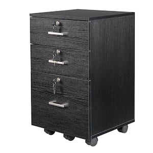 3-Drawers Black Wood 19.69 in. Mobile Vertical File Cabinet with Lock