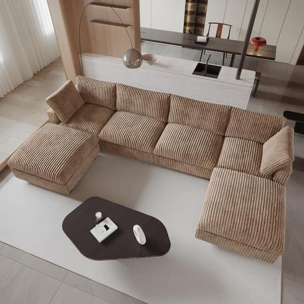 J&E Home 157.48 in. W Square Arm Faux Rabbit Plush Fabric U Shaped Free Combination Sofa in Brown with Removable Ottoman