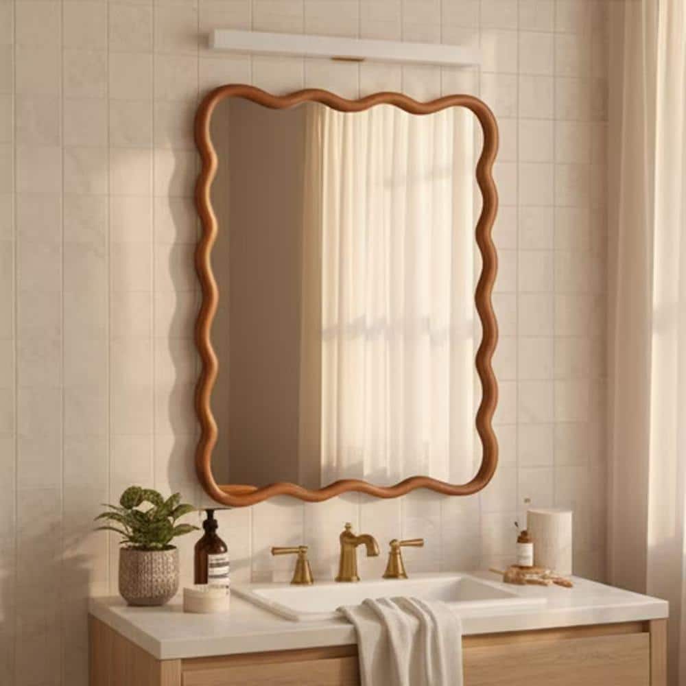 30 in. W x 40 in. H Wood Wavy Rectangle ecorative Mirror with Sturdy Frame in Yellow Brown