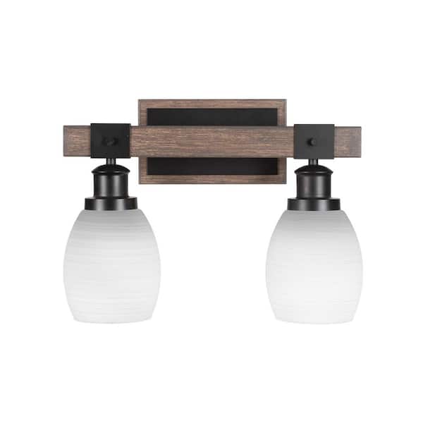 Unbranded Richmond 15.25 in. 2-Light Vanity Light Black/Painted Wood-Look Metal w/5 in. White Linen Glass Shades No Bulbs Included