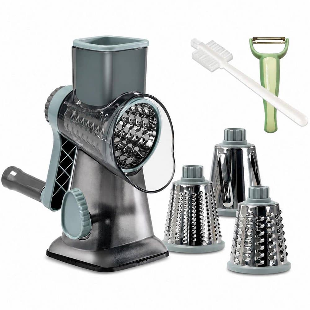 Manual Rotary Cheese Grater and Vegetable Slicer with Handle, 3 Stainless Steel Drum Blades, Grey/Cyan price history on PriceWatchPro