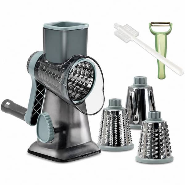 Manual Rotary Cheese Grater and Vegetable Slicer with Handle, 3 Stainless Steel Drum Blades, Grey/Cyan