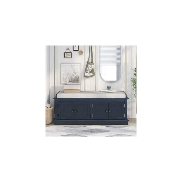 17.4 in. H x 42.7 in. W Navy Blue Solid Wood Shoe Storage Bench with 4-Doors, Adjustable Shelves and Removable Cushion