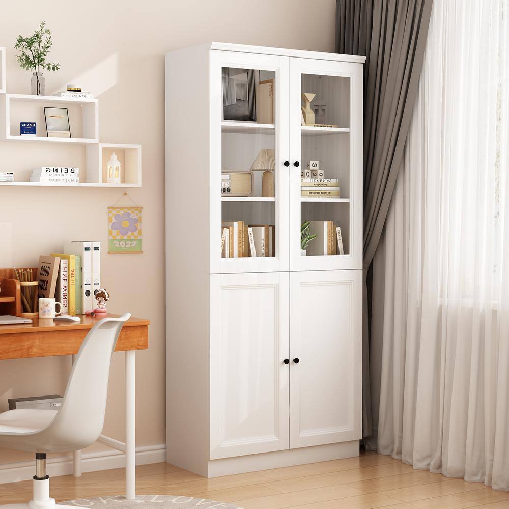 White Engineered Wood 5-Shelf Bookcase with Glass Doors