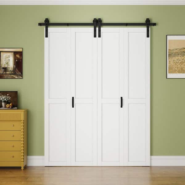 72 in. x 84 in. Paneled White Primed H Shape MDF Pre-Drilled Easy Assembly Bifold Sliding Barn Door with Hardware Kit