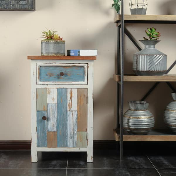 Small Painted Wood Cabinet with Drawers & Multi-Color Slat Door