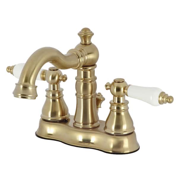 Kingston Brass American Patriot 4 in. Centerset 2-Handle Bathroom Faucet with Pop-Up Drain in Brushed Brass