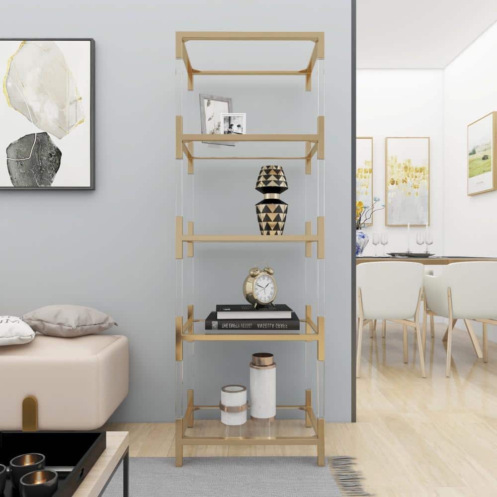 Gold and Clear Glass 5-Tier Shelving Unit with Acrylic Legs