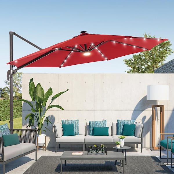 Sonkuki 11FT LED Premium Cantilever Patio Umbrella - Outdoor Comfort with 360° Rotation and Canopy Angle Adjustment, Rust Red