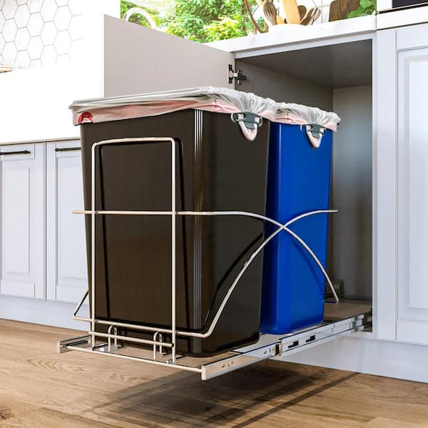 Under Cabinet Pull-Out Trash Can Shelf – Holds 30–35 Quart Bins Up To 80 Lbs, Sliding Drawer Organizer For Under Sink