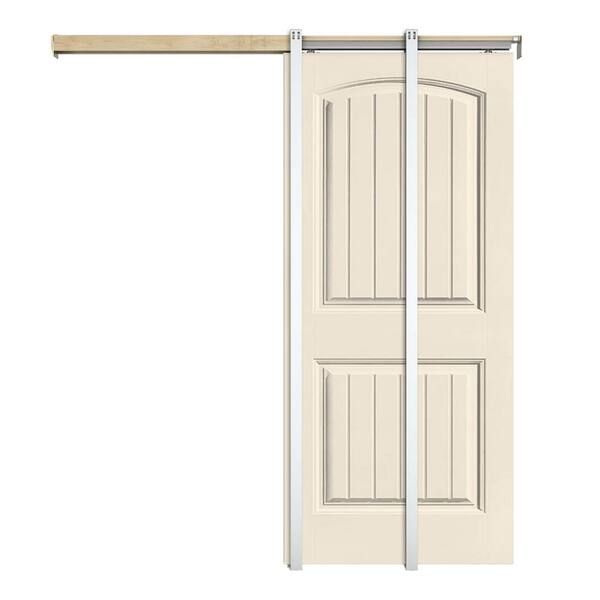 CALHOME 30 in. x 80 in. Beige Painted Composite MDF 2Panel Camber Top Sliding Door with Pocket Door Frame and Hardware Kit