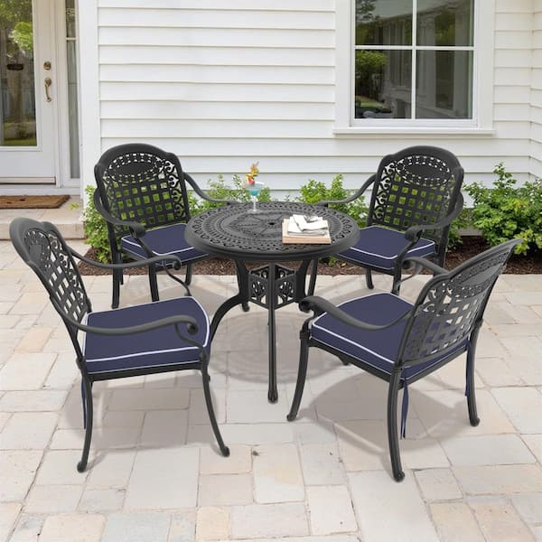 5-Piece Black Cast Aluminum Outdoor Dining Set with Blue Cushions