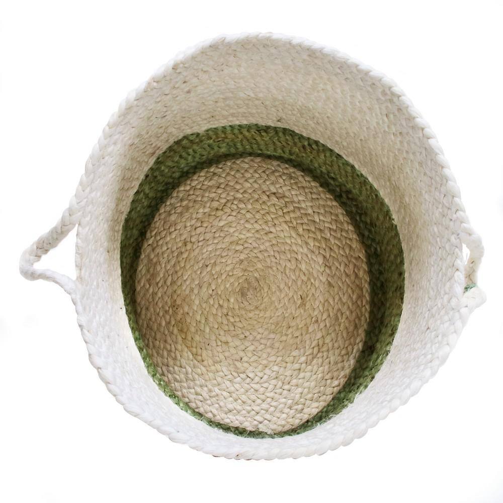 Handwoven Round Jute Storage Basket with Green Accents