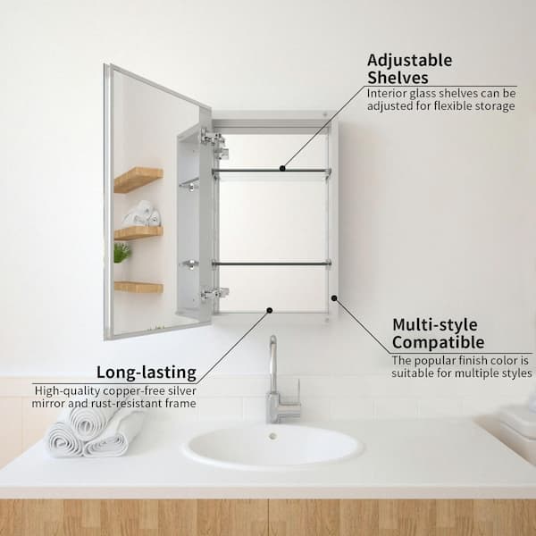 15 in. x 24 in. Frameless Recessed or Surface-Mount Beveled Single Mirror Bathroom Medicine Cabinet