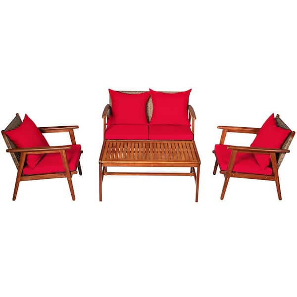 WELLFOR 4-Pieces Wood Patio Rattan Conversation Set with Red Cushions