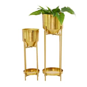 31 in., and 24 in. Extra Large Gold Metal Planter with Removable Stand (2- Pack)