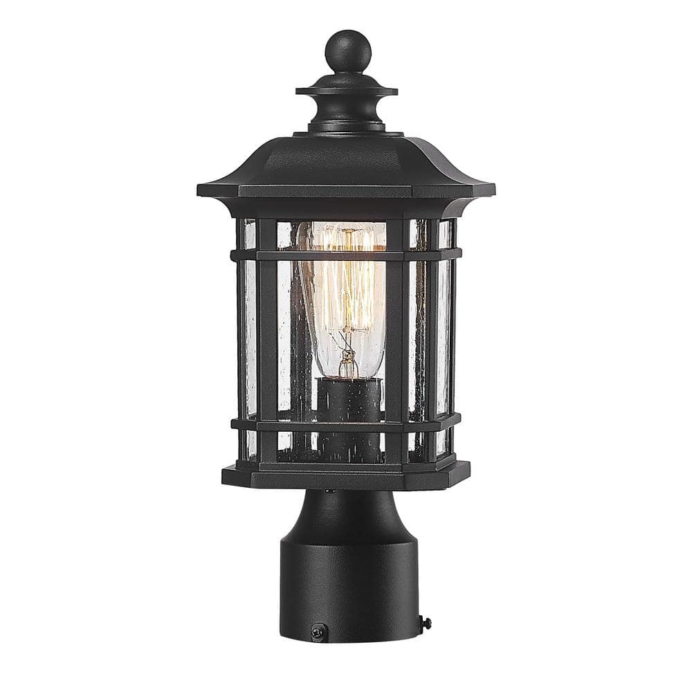 Black Aluminum Outdoor Post Light with Seeded Glass Shade