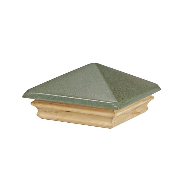 Green Pyramid Post Cap - Fits 4 in. x 4 in. Nominal Posts - Aluminum Top with Pine Base - DIY Porch, Deck, Fence Decor