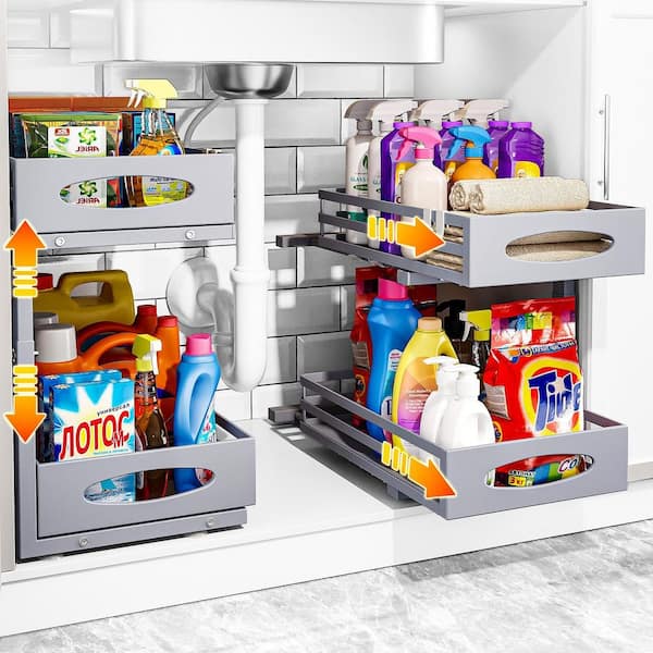Utility Series 2-Shelf Under Sink Organizer, Carbon Steel, Easy-Install Pull-Out with Height Adjustment, in Gray