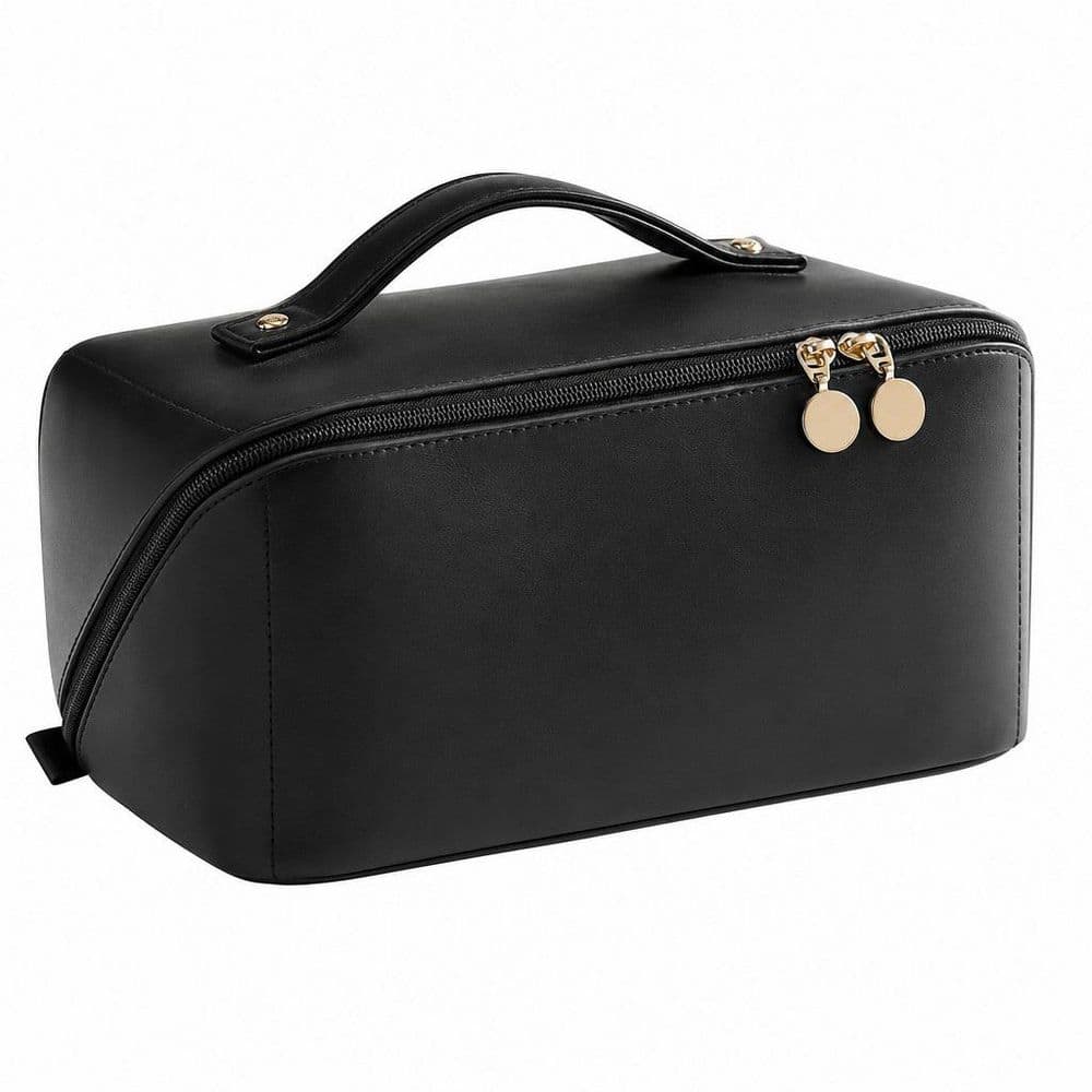 Travel Makeup Bag in AH-Black, Large Capacity Cosmetic Bag for Women, Waterproof, Flat Open Portable Toiletry Bag
