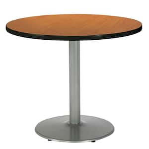 Mode 30 in. Round Medium Oak Wood Laminate Dining Table with Silver Round Steel Frame (Seats 2)