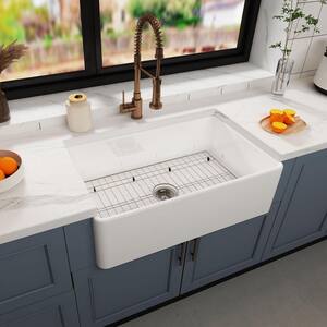 White Fireclay 36 in. Single Bowl Farmhouse Apron Workstation Kitchen Sink with Bottom Grid and Drain