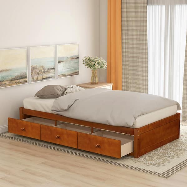 Harper & Bright Designs Oak Twin Size Platform Storage Bed with 3 