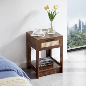 Rustic Brown Rattan 1-Drawer 15.75 in. W Nightstand with 1- Shelf