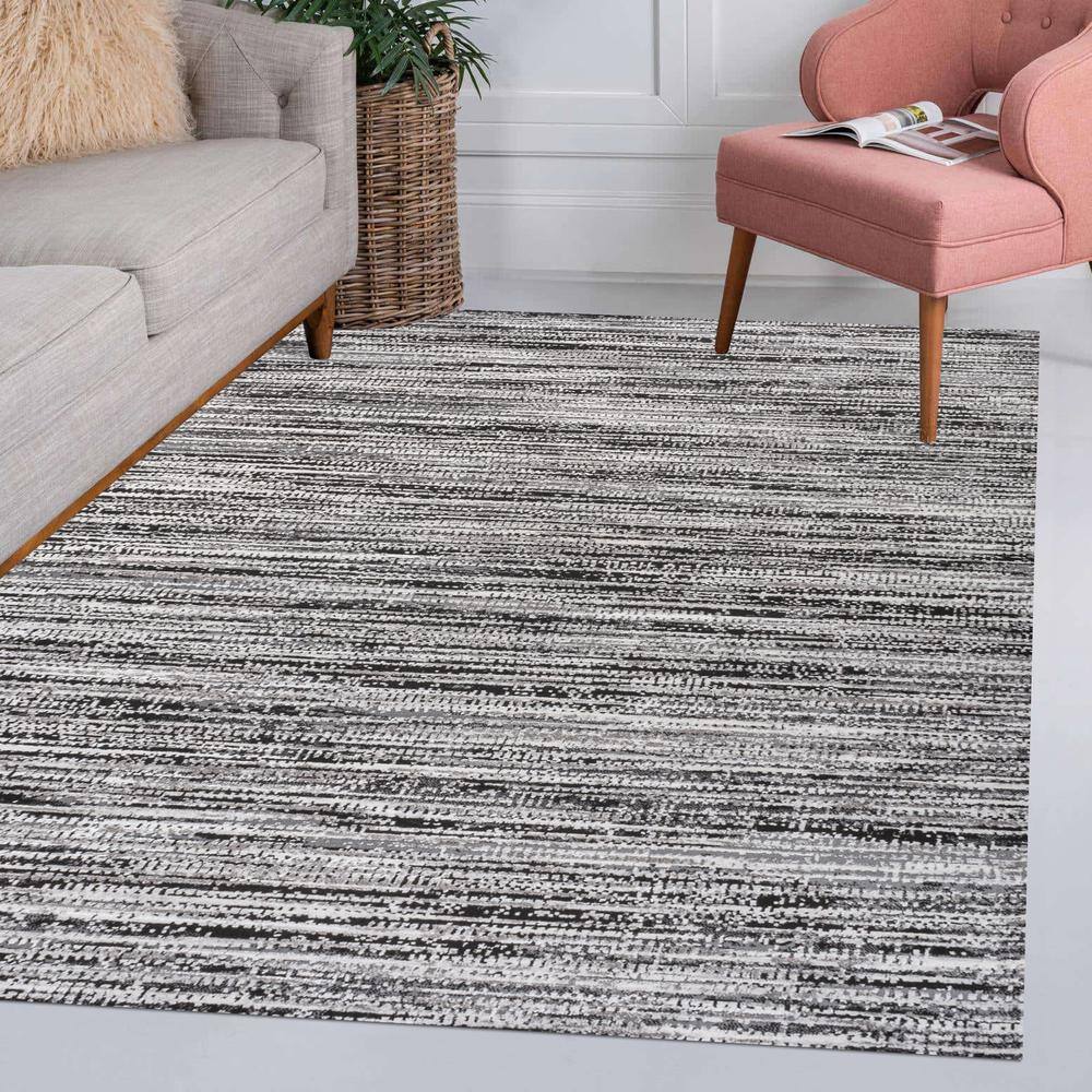 Gray and Black Striped Synthetic Flat Woven Round Rug
