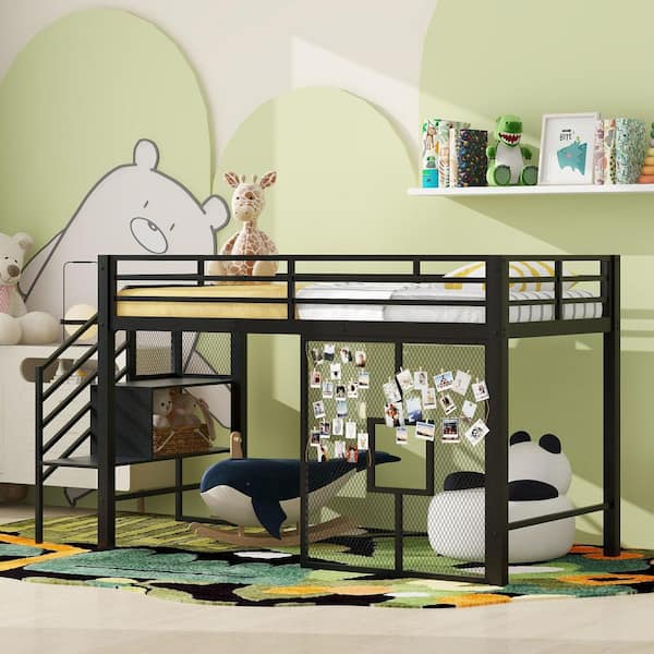 Polibi Black Twin Size Loft Bed with Storage Staircase and Iron mesh