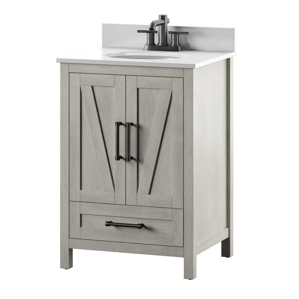 Rustic Oak Bathroom Vanity with White Stone Top and Basin