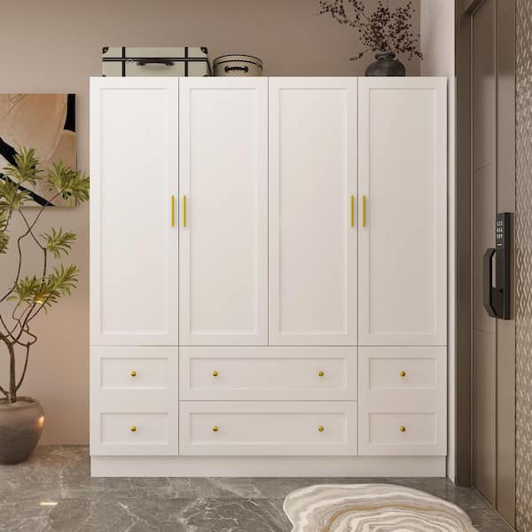 White Wood 63 in. W 4-Door Large Wardrobe Armoires with Hanging Rod, 4 Drawers, 70.9 in. H x 19.7 in. D