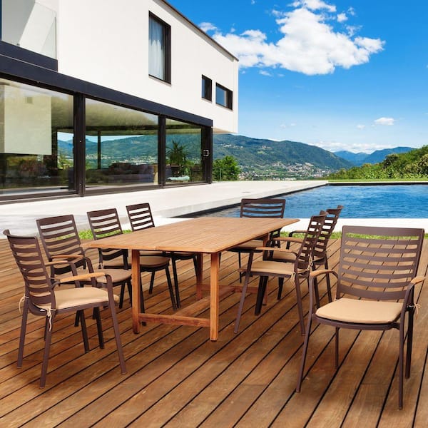 Amazonia Davie 9-Piece Teak/Cast Aluminum Extendable Rectangular Patio Dining Set with Tan Cushions