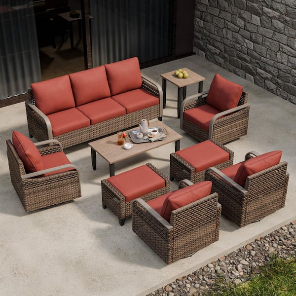 9-Piece Wicker Outdoor Patio Conversation Set Swivel Rocking Chairs with Red Cushions, Side Table and Coffe Table