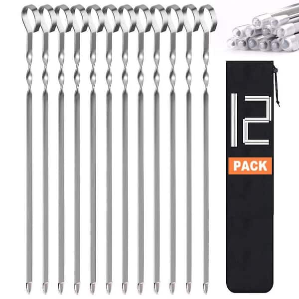 12-Piece 14 in. Flat Stainless Steel BBQ Kabob Skewers Reusable Metal Grilling Sticks with Storage Bag