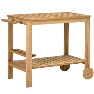 Outdoor Natural Wood Bar Serving Cart, Rolling Home Bar Cart with 2 Shelves&Wine Bottle Holders for Garden&Dining Room