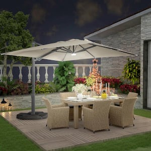 High-Quality 10 ft. Aluminum Square Cantilever Outdoor Patio Umbrella w/LED Light 360-Degree Rotation in Taupe-N w/Base