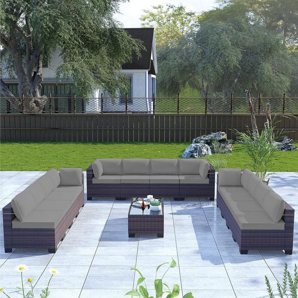 14-Piece Wicker Patio Conversation Set with 2 Coffee Table, Wide Seat and Thick Cushion Gray