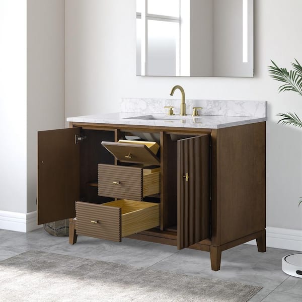 48 in. W x 34 in. H Single Sink Walnut Bath Vanity Cabinet with Arabescato White Engineered Marble Top