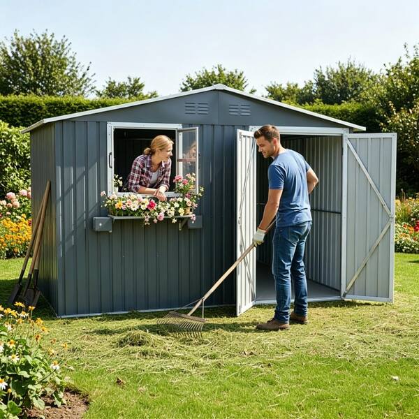 Flynama 10x8 FT Outdoor Metal Storage Shed with Window Flower Rack