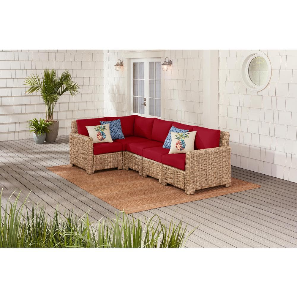 Laguna Point 5-Piece Natural Tan Wicker Outdoor Patio Sectional Sofa with CushionGuard Chili Red Cushions -  Hampton Bay, H188-01193800