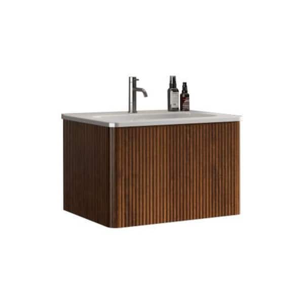Sanlan Etna305 24 in. W x 18.30 in. D x 15.6 in. H Single Sink Floating Bath Vanity in Walnut with White Solid Surfer Top