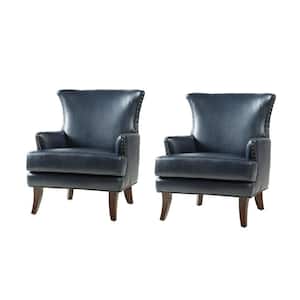 Bonnot Transitional Navy Faux Leather Wingback Armchair with Nailhead Trim and T-Cushion (Set of 2)