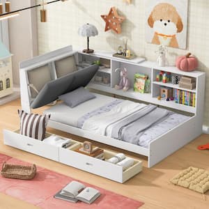 White Wood Frame Twin Platform Bed with 2-Drawer, Linen Upholstered Headboard with Hidden Storage, Rotatable Board