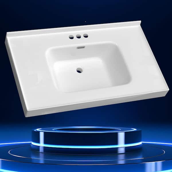 Xoe 37 in. W x 22 in. D Solid Surface White Rectangular Single Sink Vanity Top with Backsplash Basin and 3-Faucet Holes