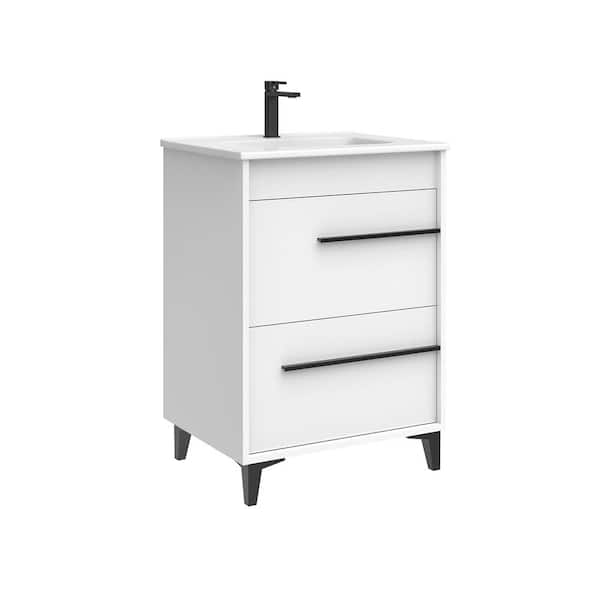 Lotus 24.0 in. W Single Basin Freestanding Bath Vanity in Glossy White with Ceramic White Top