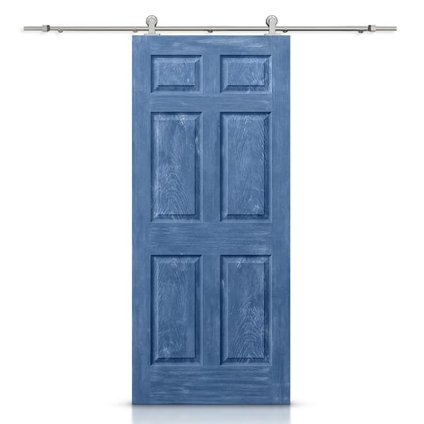 CALHOME 36 in. x 80 in. Vintage Blue Stain Composite MDF 6 Panel Interior Sliding Barn Door with Hardware Kit