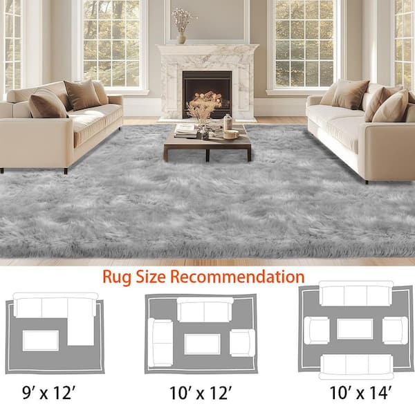 Nourideaux Gray 10 ft. x 12 ft. Large Rug Fluffy Fuzzy Furry Faux